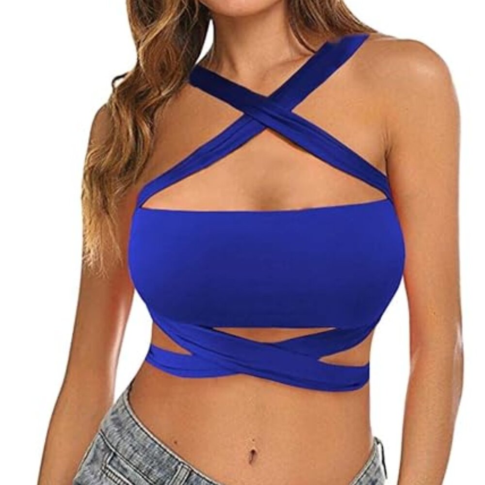 Blue Criss Cross Bandage Crop Top